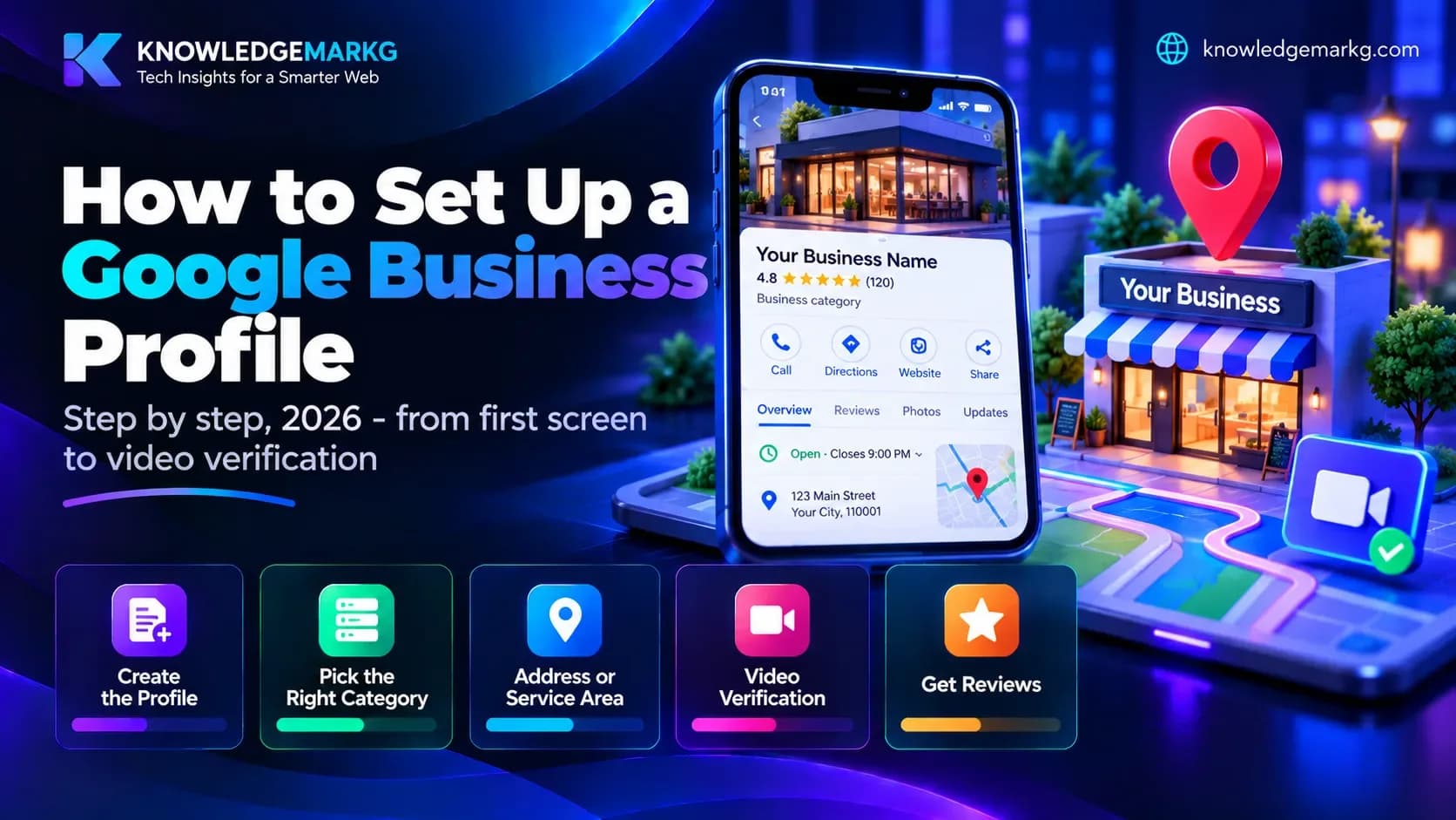 Setting up a Google Business Profile: a local business listing on a phone with map pin, reviews and verification