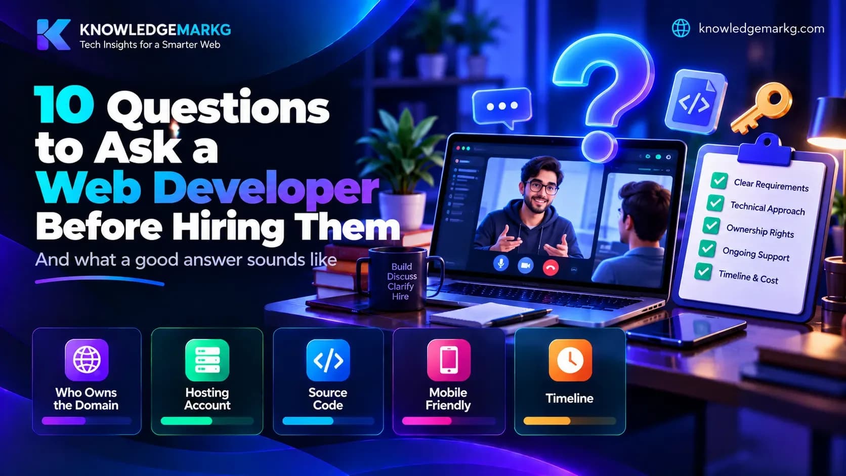 Business owner on a video call with a web developer, with a checklist of questions to ask before hiring