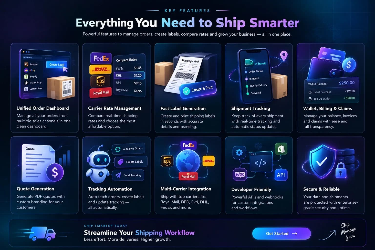 Multi-carrier dispatch platform dashboard showing integrated shipping management with several carrier options and real-time tracking