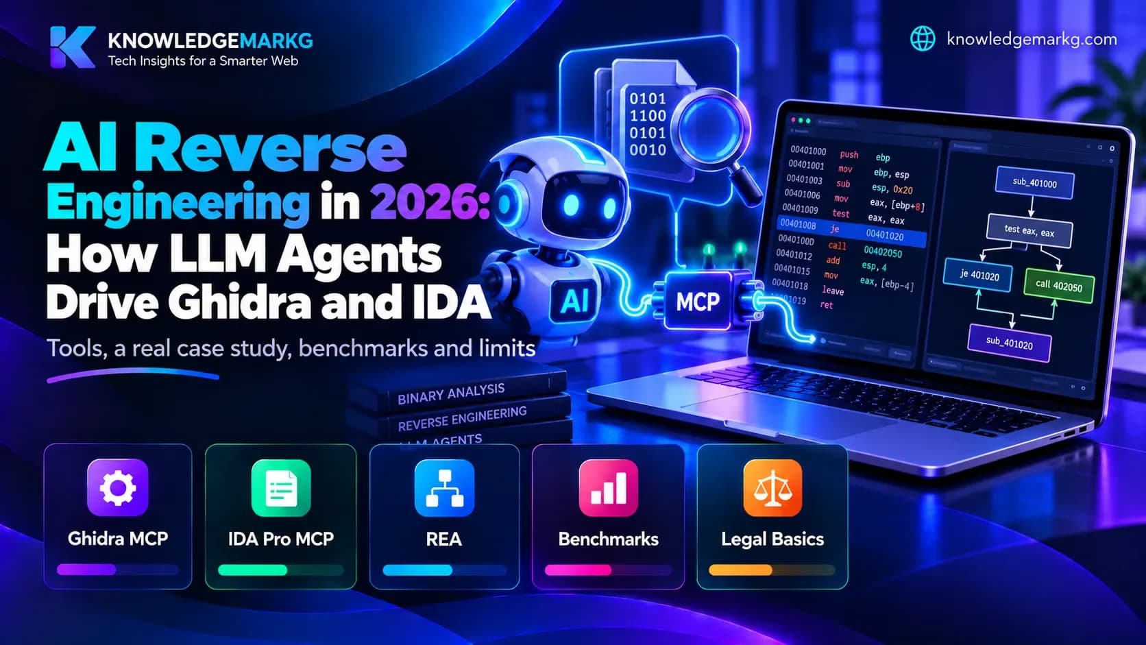 An AI agent connected through MCP to a disassembler showing assembly code, for AI reverse engineering with Ghidra and IDA